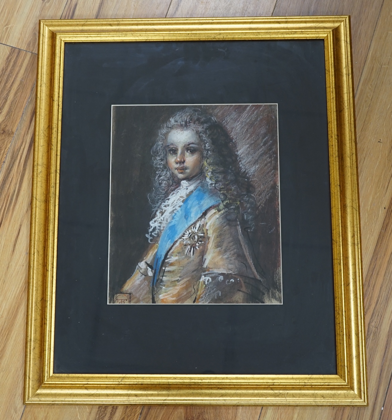 Thomas O’Donnell (Irish, 20th century), heightened pastel, Portrait of a young boy wearing 18th century dress, possibly Bonnie Prince Charlie, signed with monogram, 29 x 24cm. Condition - good